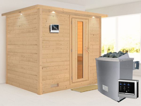 Massivholzsauna Sonara mit Dachkranz, Holztür mit Isolierglas, inkl. 9 kW Ofen ext. Steuerung