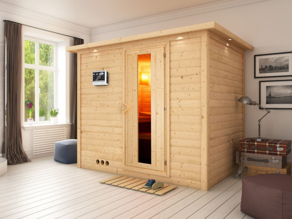 Massivholzsauna Sonara mit Dachkranz, Holztür mit Isolierglas inkl. 9 kW Bio-Ofen ext. Steuerung