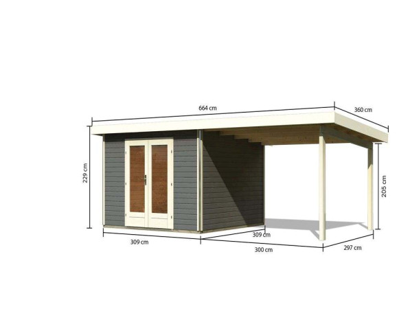 Gartenhaus SET Radeburg 1 40 mm terragrau inkl. 3,3 m Anbaudach