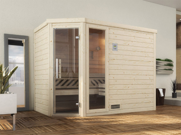 Sauna Massivholzsauna Turku 3 GTF graphit Ganzglastür und Fensterelement