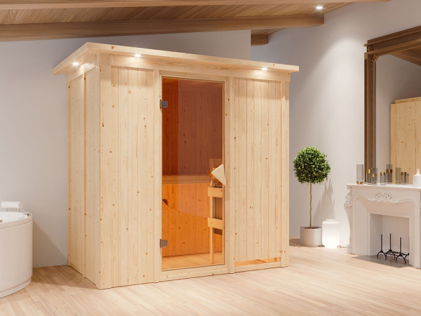 Sauna Systemsauna Variado mit Dachkranz, inkl. 9 kW Ofen mit integrierter Steuerung