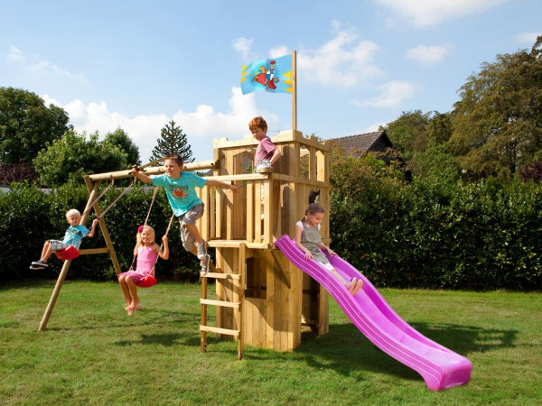 Spielturm FIPS Ritterburg inkl. Rutsche pink und Schaukelanbau