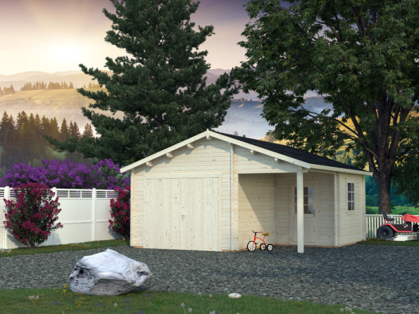 Garage Roger 21,9+5,2 m² mit Holztor 44 mm transparent tauchimprägniert