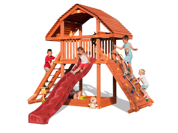 Spielturm Giant teakfarben inkl. Rutsche rot