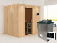 Sauna Systemsauna Sodin mit Dachkranz, inkl. 9 kW Ofen mit externer Steuerung