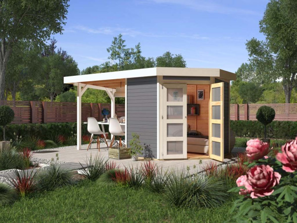 Gartenhaus SET Goldendorf 3 ECO 19 mm terragrau, inkl. 2,4 m Anbaudach