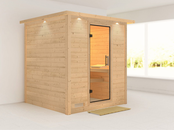Sauna Massivholzsauna Mojave mit Dachkranz, Klarglas Ganzglastür