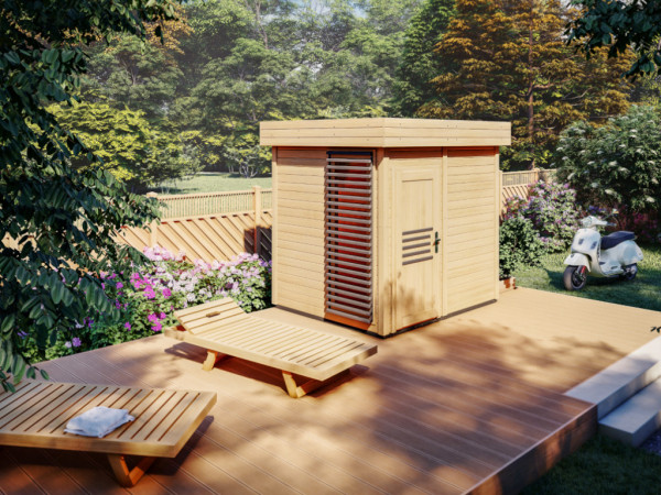 Gartensauna Amos Komplettset mit BIO 9 kW Ofen Nordex NEXT mit externe Steuerung