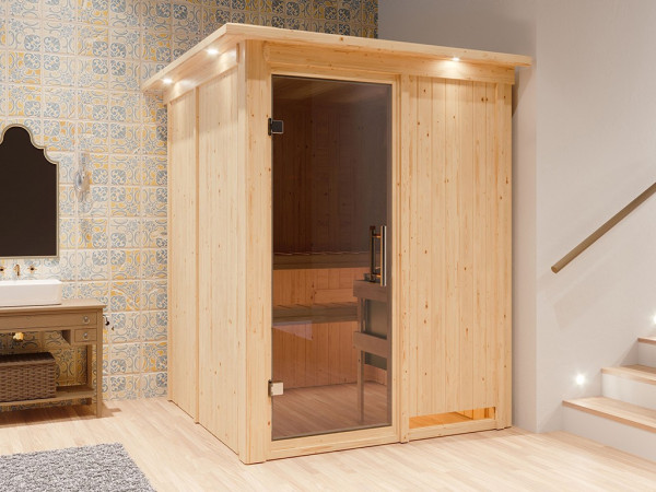 Sauna Systemsauna Norin mit Dachkranz, inkl. 9 kW Ofen mit integrierter Steuerung