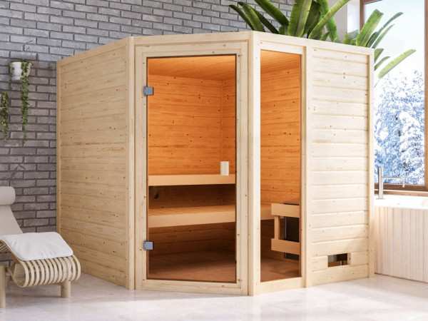 Sauna Massivholzsauna Tabea, mit bronzierter Ganzglastür