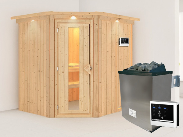 Sauna Systemsauna Siirin mit Dachkranz, inkl. 9 kW Ofen mit externer Steuerung