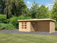 Gartenhaus Blockbohlenhaus SET Trittau 3 38 mm naturbelassen, inkl. 4 m Anbaudach + Seiten--Rückwand