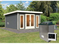Saunahaus Mainburg 3 terragrau 38 mm inkl. klassischer Saunaofen 9 kW + ext. Steuerung