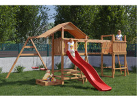 Spielturm Smart 1 Bridge teakfarben inkl. Rutsche rot