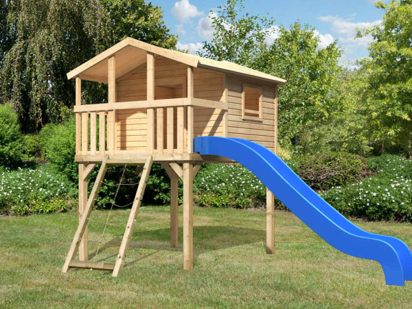 Stelzenhaus Set Benjamin naturbelassen inkl. Rutsche blau und Netzrampe