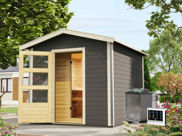 Saunahaus Bosse 1 terragrau 38 mm inkl. Bio-Kombiofen 9 kW + ext. Steuerung