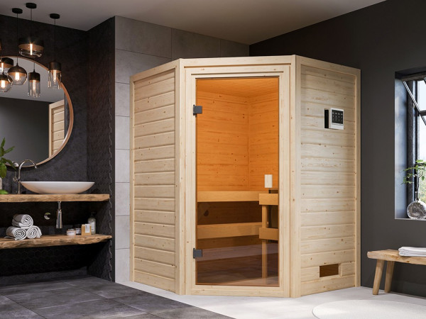 Sauna Massivholzsauna Antonia, inkl. 9 kW Bio-Ofen mit externer Steuerung