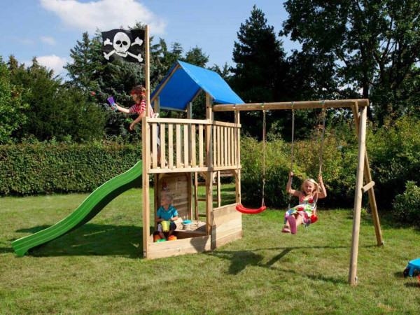Spielturm FIPS Pirat inkl. Rutsche grün und Schaukelanbau