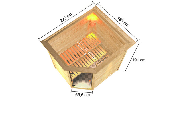 Sauna Elea mit bronzierter Glastür und Dachkranz + 9 kW Saunaofen integr. Strg.